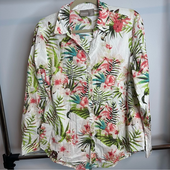 Chicos Sz 1 MEDIUM 6/8 Tropical Beach Flamingo Blouse Shirt Top Summer Cute - Picture 1 of 12